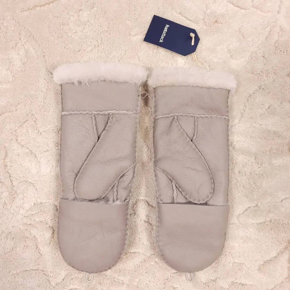 NWT Hat Attack 100% Leather Shearling Pop Top Mitten Gray